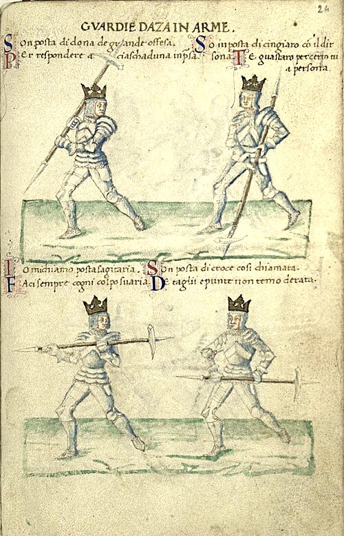 鎧を着た二人の男が斧で戦い、お互いを挑発しているイラスト(フランス語)。