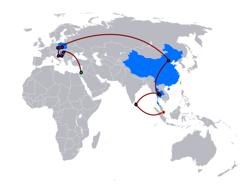 ヨーロッパとアジアの地図、レースの行程が記されている。