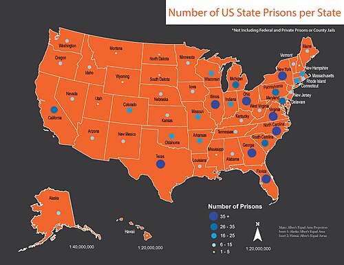 米国の州刑務所数(州別)