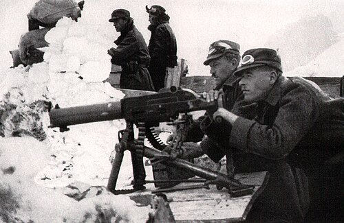 オーストリア＝ハンガリー帝国の機関銃がチロル地方の高山地帯のどこかに配備されている。