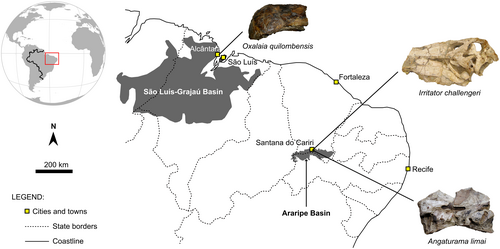 ブラジル北東部の地図。オキサライア、イリタトール、アンガトゥラマの化石発見地が記されている。