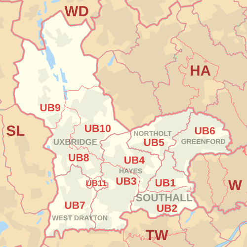 UB郵便番号区域地図。郵便番号地区、郵便局所在地、および近隣の郵便番号区域を示しています。