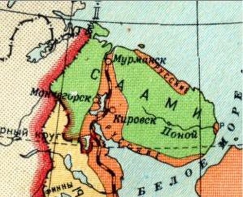 コラ半島の地図。言語分布を示す：サーミ語、カレリア語、ロシア語の地域。
