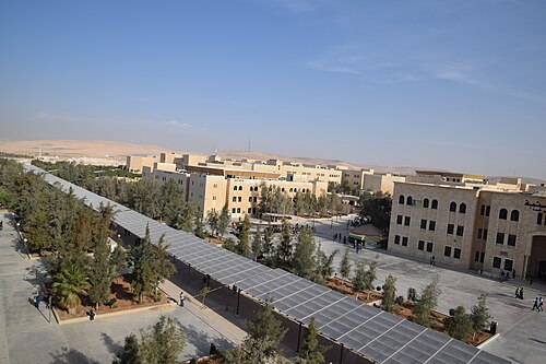 大学の建物と太陽エネルギープロジェクトの空中写真