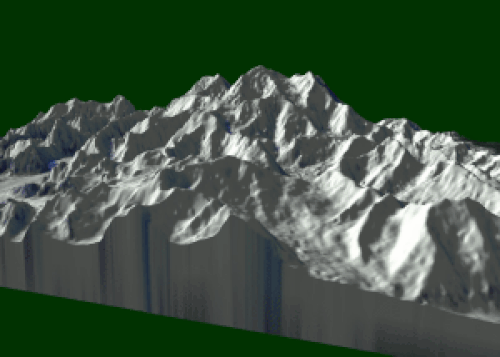 山を回転させる3Dコンピュータ画像