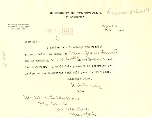 1918年にエイムズからW・E・B・デュボイスに宛てた、学生の推薦状に関するメモ