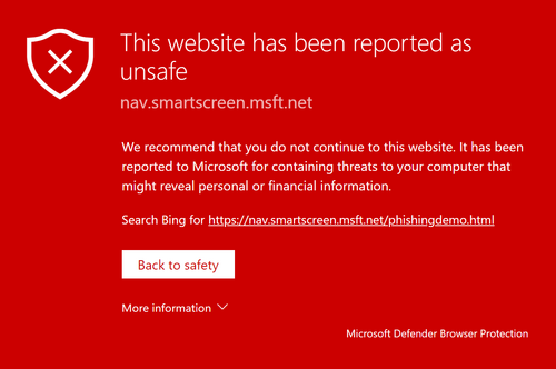 Chrome上で動作しているMicrosoft Defenderからの警告画面のスクリーンショット。ウェブサイトが安全でないと報告されたことをユーザーに通知している。