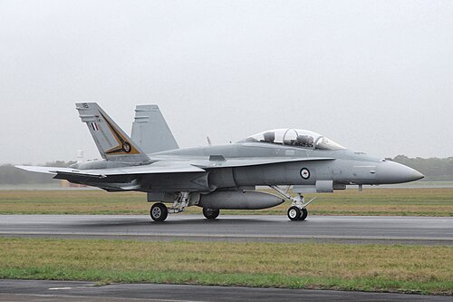 滑走路に沿って走行する双発ジェット機、双尾翼の軍用ジェット機