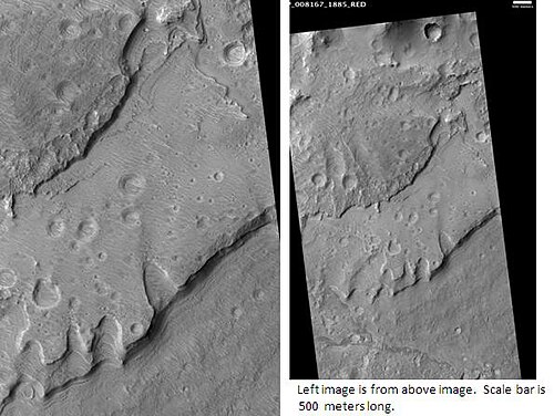 異なる太陽角度から見た Tyras Vallis Fan Deposit。スケール バーの長さは 500 メートルです。この画像は前の画像のすぐ右側にあります。