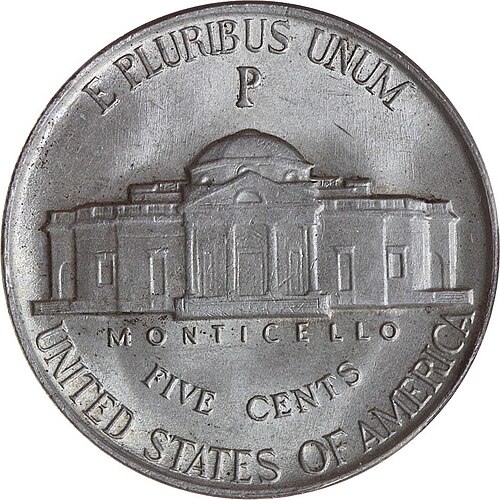 中央にモンティチェロの絵が描かれた銀貨。上部には「E Pluribus Unum」、下部には「Monticello」「Five Cents」「United States of America」の文字が刻まれている。