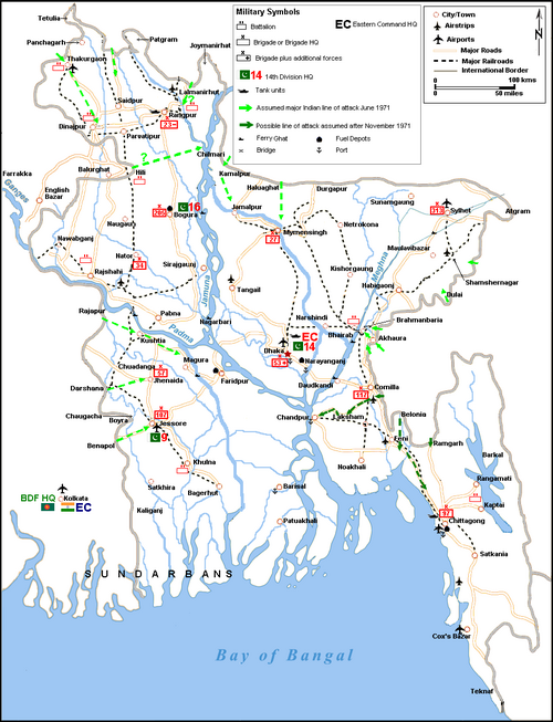 1971 年 10 月のバングラデシュの軍事地図