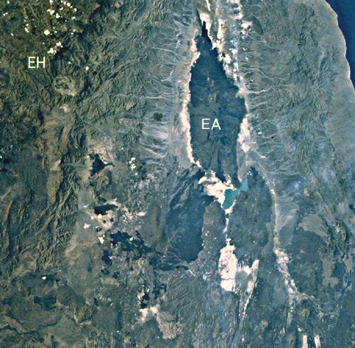 宇宙から見たエルタ・アレ火山 (EA) とエチオピア高地 (EH)