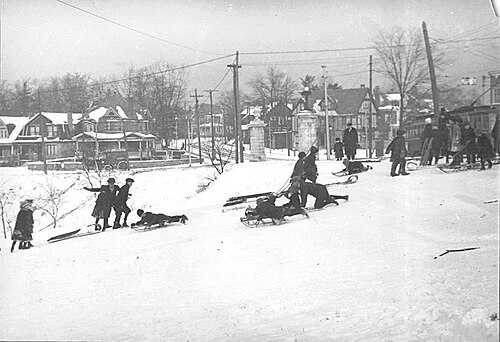雪に覆われた丘の斜面に、そりに乗った人も含めた人々の集団。