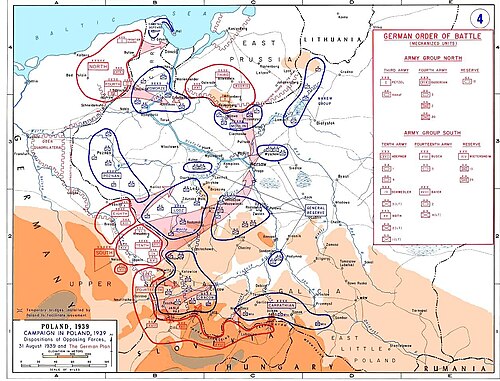Map showing the dispositions of the opposing forces on 31 August 1939, with the German plan of attack overlaid in pink.