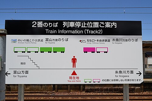 2番線ホームには、あいの風とやま鉄道とえちごトキめき鉄道の乗車位置を示す案内板が設置されている。