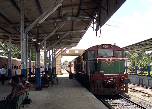 駅に到着する栗色のディーゼル機関車旅客列車
