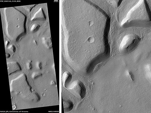 HiRISE から見たアスタプス コレス マウンドとノブ。スケール バーの長さは 500 メートルです。