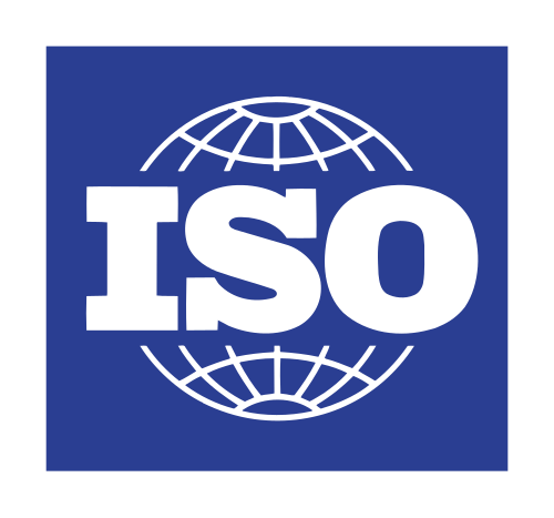 青い長方形の中に、縦横に分割された球体の白い線画があり、白い文字で「ISO」と記されている。
