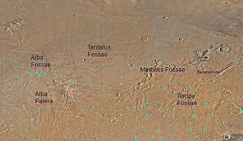 主要な特徴がラベル付けされたアルカディア四角形の地図。この地域にはフォッサと呼ばれる大きな亀裂がいくつかあります。