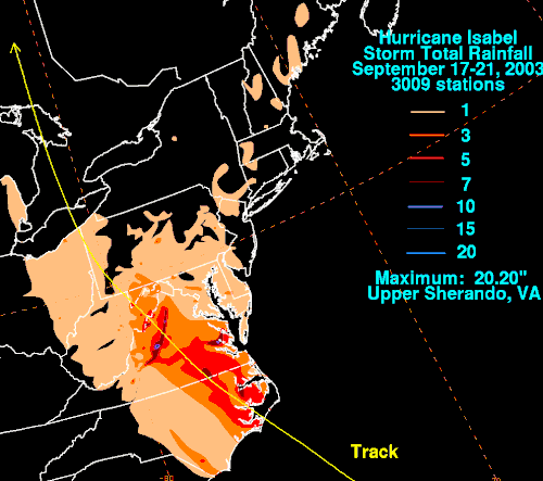 2003年9月17日から21日にかけてのハリケーン・イザベルによる総降雨量を示す地図。オハイオ州、ペンシルベニア州、デラウェア州に見られるオレンジ色は降雨量が少ないことを示し、ノースカロライナ州とバージニア州を中心に見られる赤、紫、青は降雨量が多いことを示している。