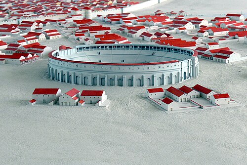 ローマ時代のカルヌントゥムの縮尺模型（円形闘技場と城壁外地域）