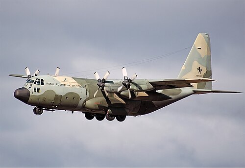 迷彩模様に塗装された4発エンジンの航空機のカラー写真