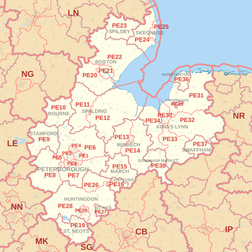 PE郵便番号区域地図。郵便番号地区、郵便局所在地、および近隣の郵便番号区域を示しています。