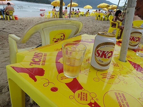 ブラジルのビーチにあるスコール缶とテーブル