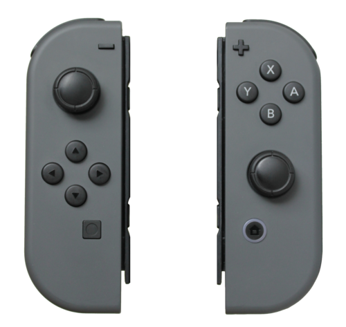グレーのJoy-Con（L）コントローラーとJoy-Con（R）コントローラー。内側のレールは、Switch本体またはグリップコントローラーの側面に差し込んで取り付けます。