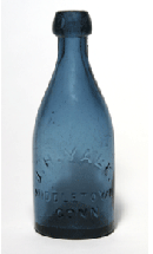 発掘されたポンティル跡のあるソーダまたはビールの「ブロブトップ」ボトル、1855年頃