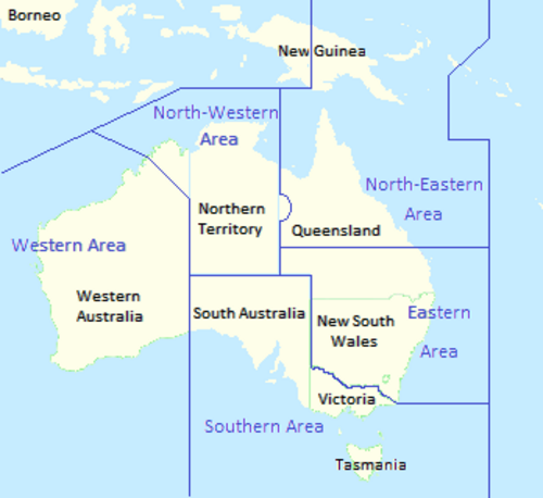 州境を示すオーストラリアの地図。RAAF の管区司令部境界線も重ねて表示されている。