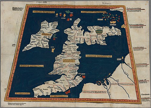 プリマ・ヨーロッパ・タブラ：プトレマイオスが2世紀に作成したグレートブリテン島とアイルランドの地図の現存する最古の写本の一つ。第2版、1482年。