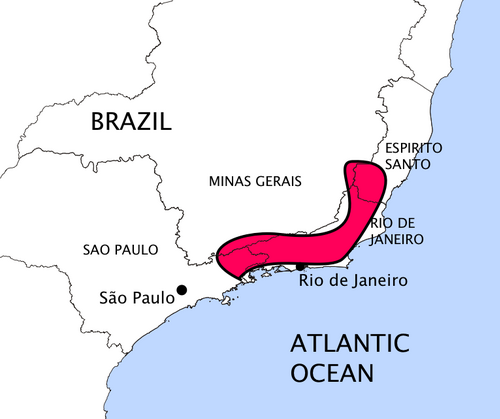 この地図はブラジル南東部の海岸線を示しています。この海岸線の一部に沿って南西から北東に走る帯状の部分は赤色で示されています。赤い帯状の部分は長さが幅の約 5 倍で、リオデジャネイロの両側に広がっています。