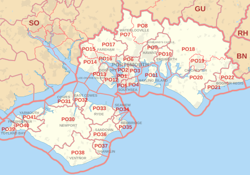 郵便番号地区、郵便町、近隣の郵便番号エリアを示す郵便局郵便番号エリア マップ。