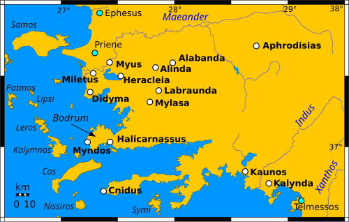 古代カリアの都市を示す地図
