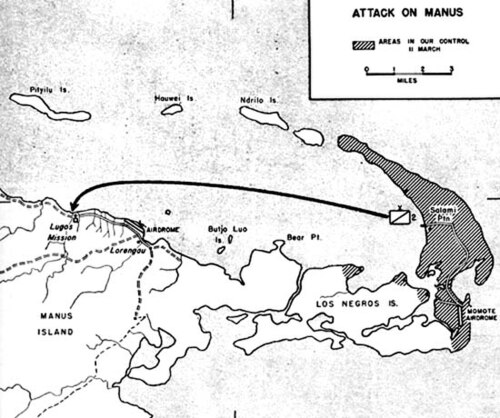 ロス ネグロスが連合軍の手に落ちたことを示す拡大地図。矢印は港の向こう側、マヌス島への攻撃を示しています。