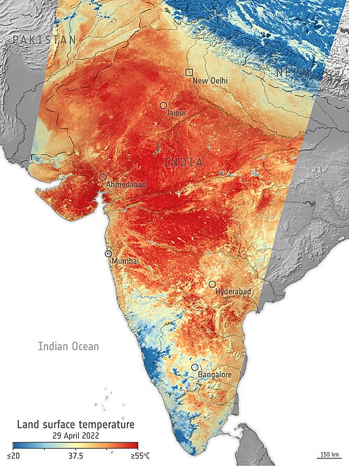 インドの気温を視覚化したもの。国内の多くの地域で気温が 40 度を超えていることがわかります。