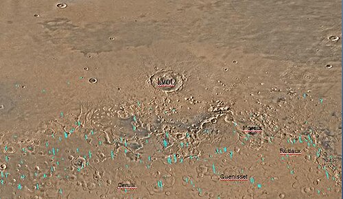 火星の広大な明るい領域、アラビアのすぐ北に位置するイスメニウス湖四角形の地図。丘を囲む氷河には大量の氷が含まれています。
