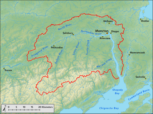 地図には、ニューブランズウィック州南部の流域の位置に加えて、川とその支流の経路が示されています。