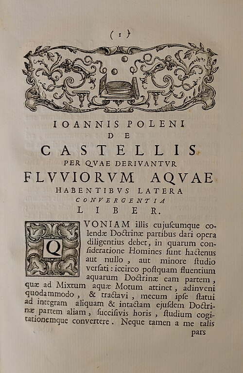 De Castellis per quaerivantur fluviorum aquae habentibus latea convergentia liber (1718) への最初のページ