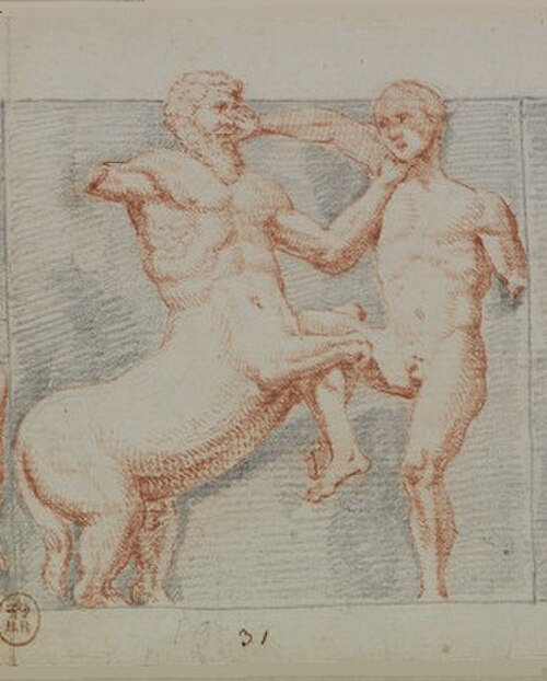 人間とケンタウロスの戦いを描いた古代の絵。