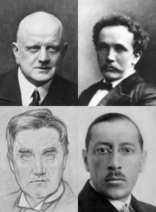 4 人の男性の肩から上までの肖像画。1 人は禿げ頭、1 人は禿げ頭で豊かな口ひげ、1 枚は、顔がはっきりしていて髪がふさふさで、襟とネクタイを締めた若い男性の絵。4 枚目は、禿げ頭で眼鏡をかけた若い男性がカメラの方を向いている絵です。