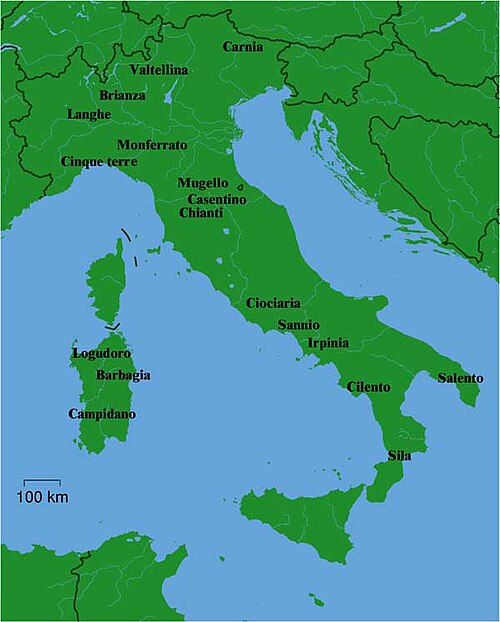 イタリアの地図に、よく知られた12の地名を示したもの。