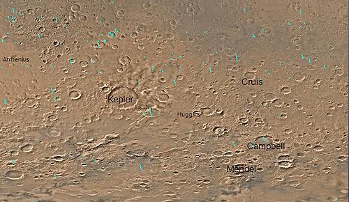 エリダニア四角形の地図と主要なクレーター