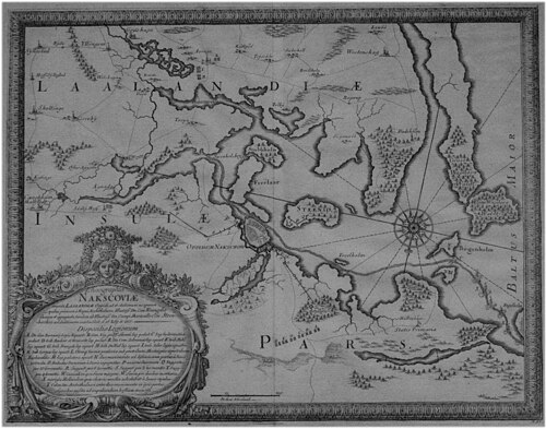 1658年のナクスコフ包囲戦中にスウェーデン王の地図製作者が描いたナクスコフとその周辺地域（上＝南）。[1]