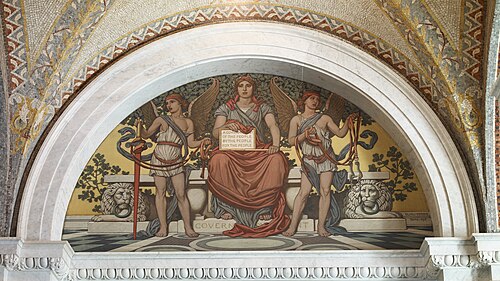 政府。壁画、ロビーからメイン閲覧室、米国議会図書館トーマス・ジェファーソン館、ワシントンDC。主要人物は台座（「政府」）の上に座り、「人民の／人民による／人民のための政府」と書かれた銘板を持っている。