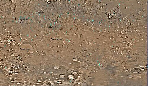 フェートンティス四角形の地図。クリックすると拡大し、クレーター名が表示されます。ゴルゴナム カオスは地図の上部近くにあります。
