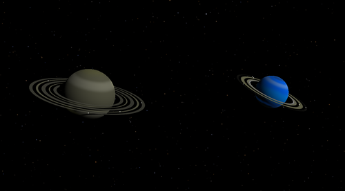 リングのある 2 つの惑星。左の惑星は茶色、右の惑星は青色です。両方の惑星のリングは黄褐色です。