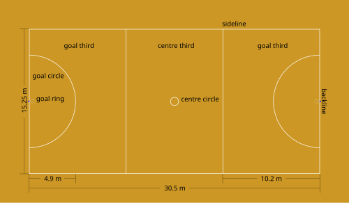 Diagram of netball court. The court is divided into thirds. Dimensions and positions are listed on the diagram.