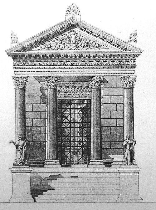 古代における神殿の想像図。1912年の絵。